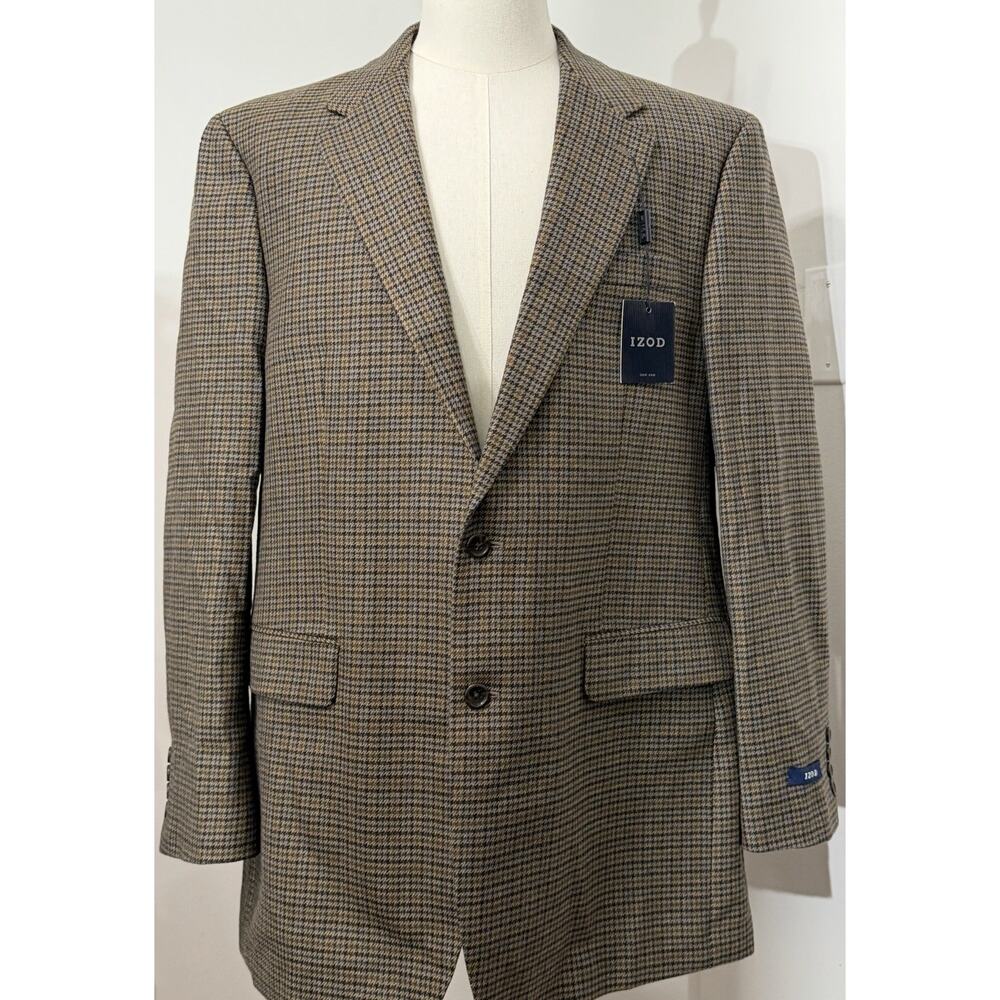 IZOD Men 44 L Houndstooth Plaid 100% Lambswool Jacket Blazer Sport Coat 2-Button